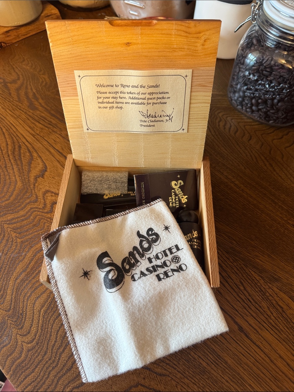 VTG Sands Hotel Casino Reno Branded Amenity Set in wooden box